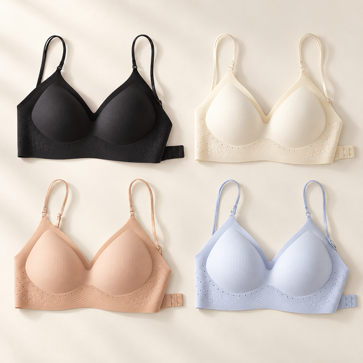 Black, beige, nude and blue wireless bras in an ivory studio flat lay