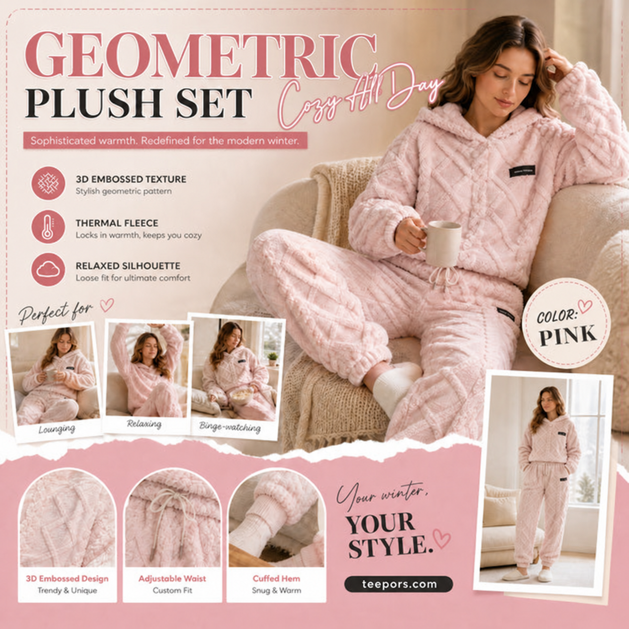 Pink embossed plush two-piece set