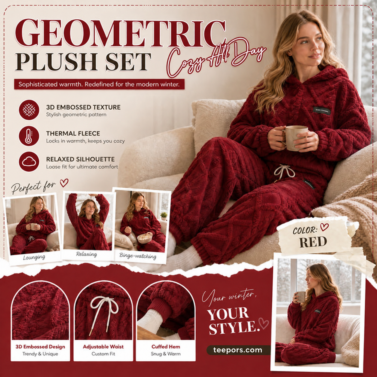 Red embossed plush two-piece set