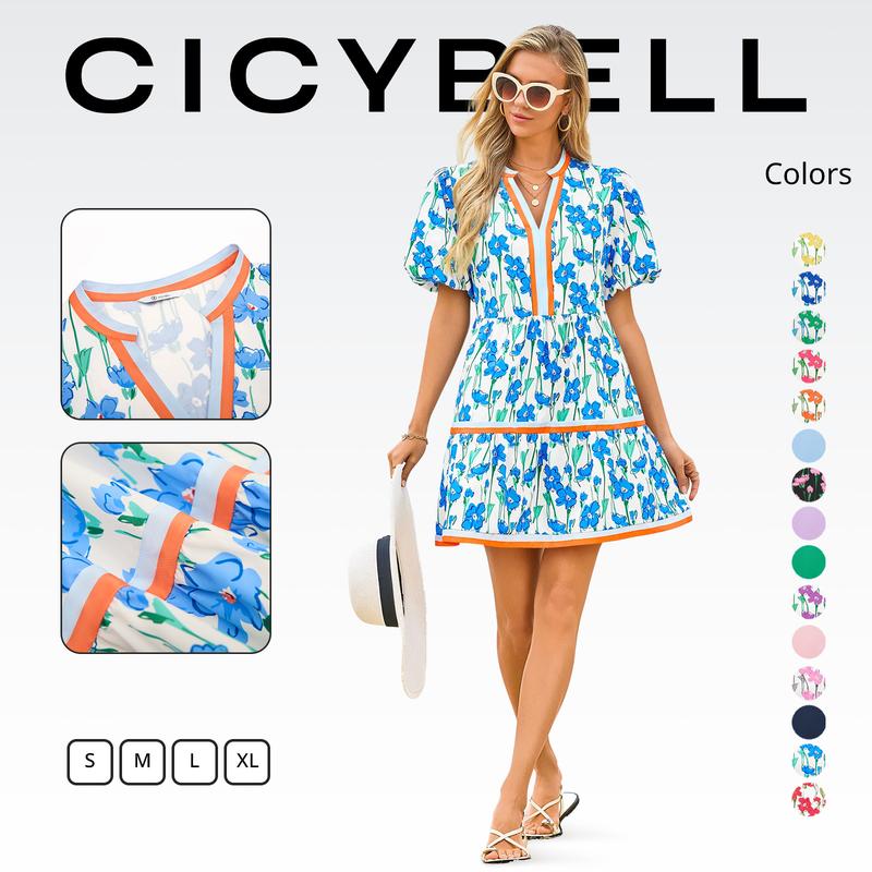 ⏰Summer Hot Sale 50% OFF💃Women's V Neck Floral Short Puff Sleeve Patchwork Casual Boho Mini Dress👍✨Soft Fabric & Comfortable Fit