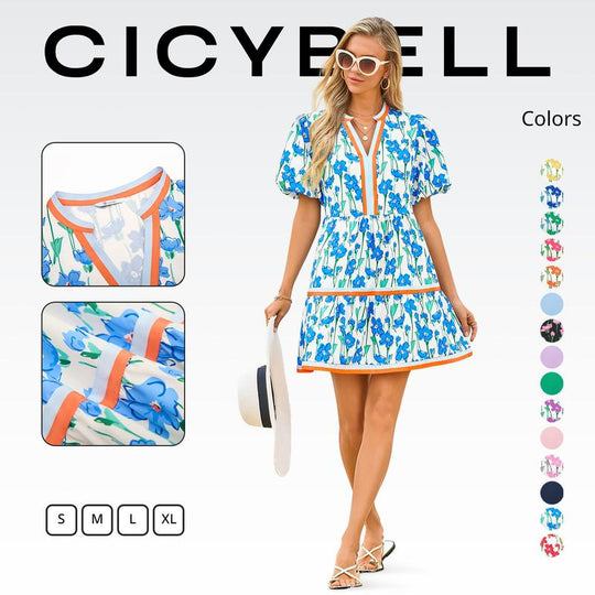 ⏰Summer Hot Sale 50% OFF💃Women's V Neck Floral Short Puff Sleeve Patchwork Casual Boho Mini Dress👍✨Soft Fabric & Comfortable Fit
