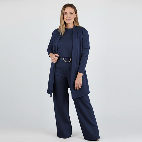 🎉Vânzare fierbinte 50% reducere🥳Set elegant de 3 piese pentru cardigan lung – Material moale, top elegant & Pantaloni pentru naveta la birou & Ieșiri zilnice