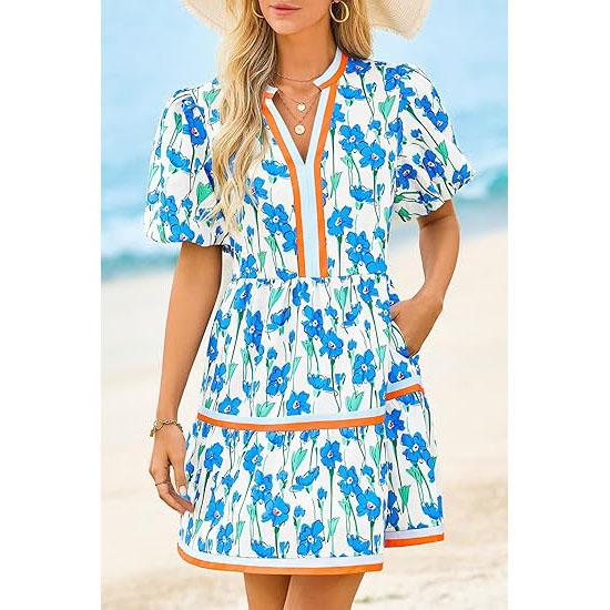⏰Summer Hot Sale 50% OFF💃Women's V Neck Floral Short Puff Sleeve Patchwork Casual Boho Mini Dress👍✨Soft Fabric & Comfortable Fit