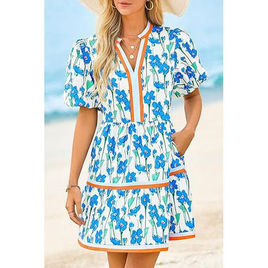 ⏰Summer Hot Sale 50% OFF💃Women's V Neck Floral Short Puff Sleeve Patchwork Casual Boho Mini Dress👍✨Soft Fabric & Comfortable Fit