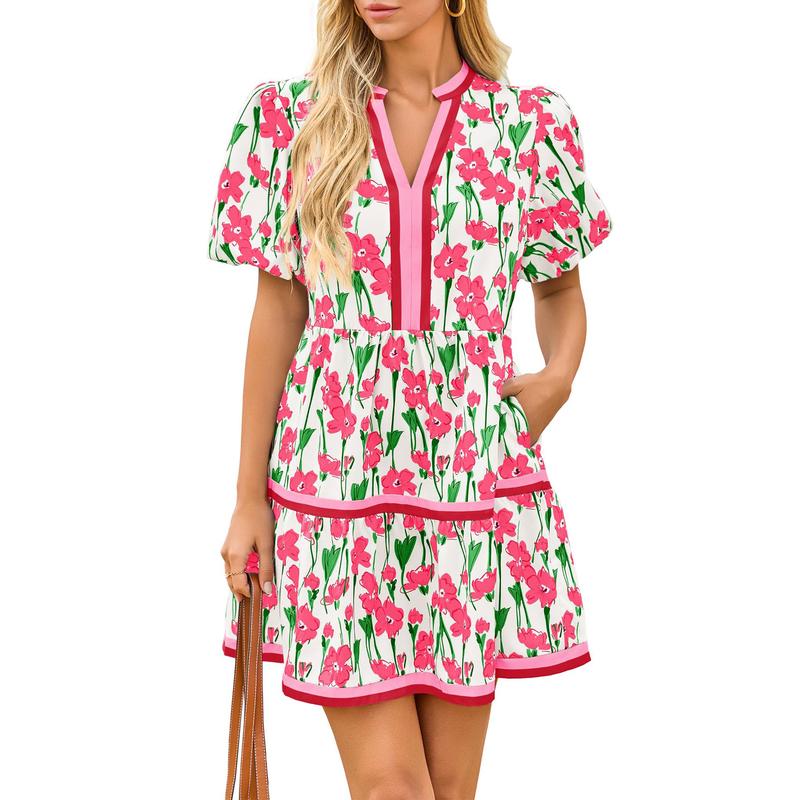⏰Summer Hot Sale 50% OFF💃Women's V Neck Floral Short Puff Sleeve Patchwork Casual Boho Mini Dress👍✨Soft Fabric & Comfortable Fit