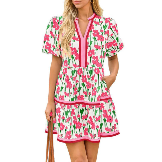⏰Summer Hot Sale 50% OFF💃Women's V Neck Floral Short Puff Sleeve Patchwork Casual Boho Mini Dress👍✨Soft Fabric & Comfortable Fit