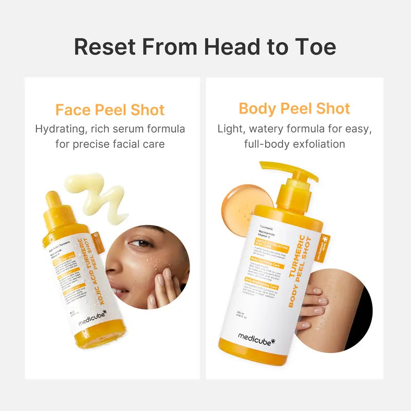 [medicube] Kojic Acid Turmeric Peel Shot Duo For Face & Body | Brightening Reset Gentle Exfoliating Serum with BHA, LHA & PHA for Dead Skin Cells, Blackheads & Excess Sebum | For Dull, Rough & Troubled Skin