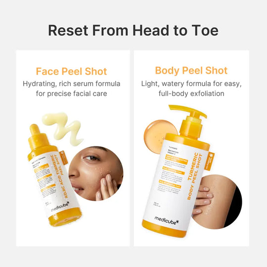 [medicube] Kojic Acid Turmeric Peel Shot Duo For Face & Body | Brightening Reset Gentle Exfoliating Serum with BHA, LHA & PHA for Dead Skin Cells, Blackheads & Excess Sebum | For Dull, Rough & Troubled Skin