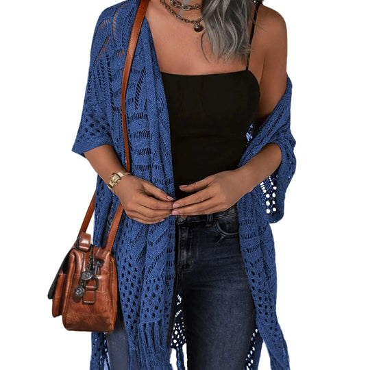 Women’s Oversized Knit Cardigan – Lightweight Crochet Tassel Kimono for Spring & Summer 🌸