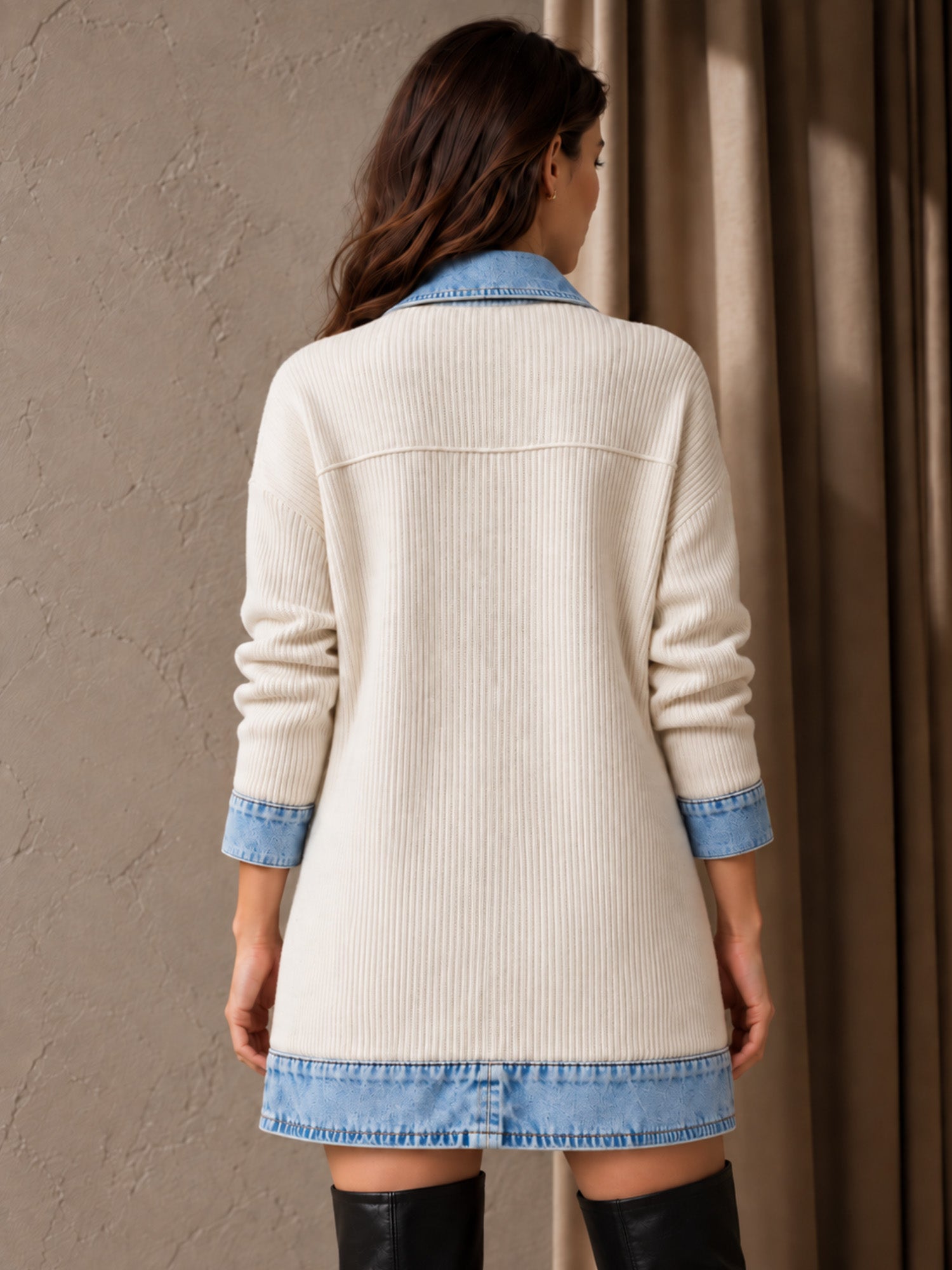 ⌛Limited-Time Offer-Women’s Elegant Denim Spliced Ribbed Knit Coat