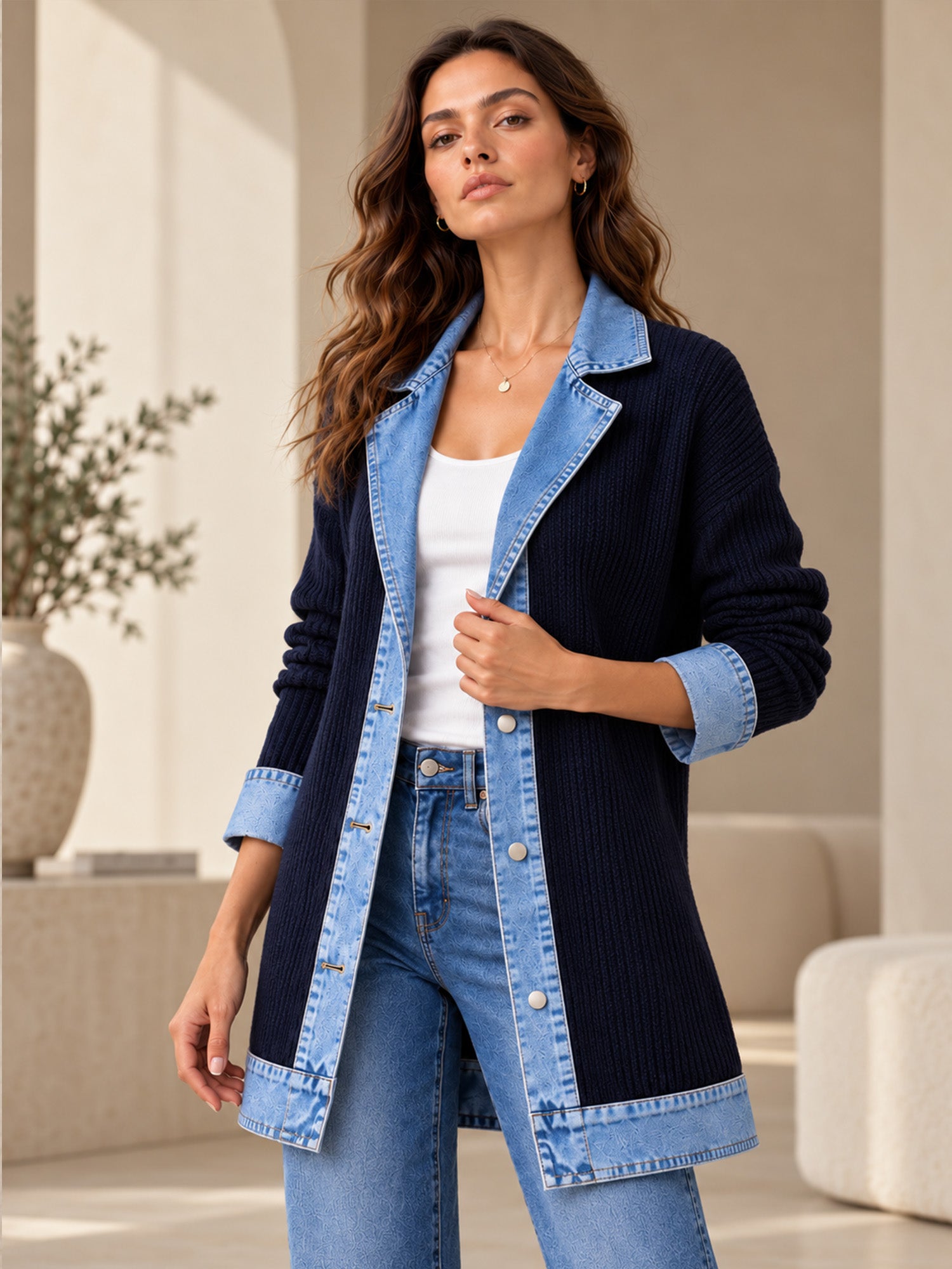 ⌛Limited-Time Offer-Women’s Elegant Denim Spliced Ribbed Knit Coat