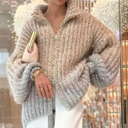 🔥🖤Black Friday Sale:50% OFF🔥Fashion Sequin Full-Zipper Knit Sweater for Women