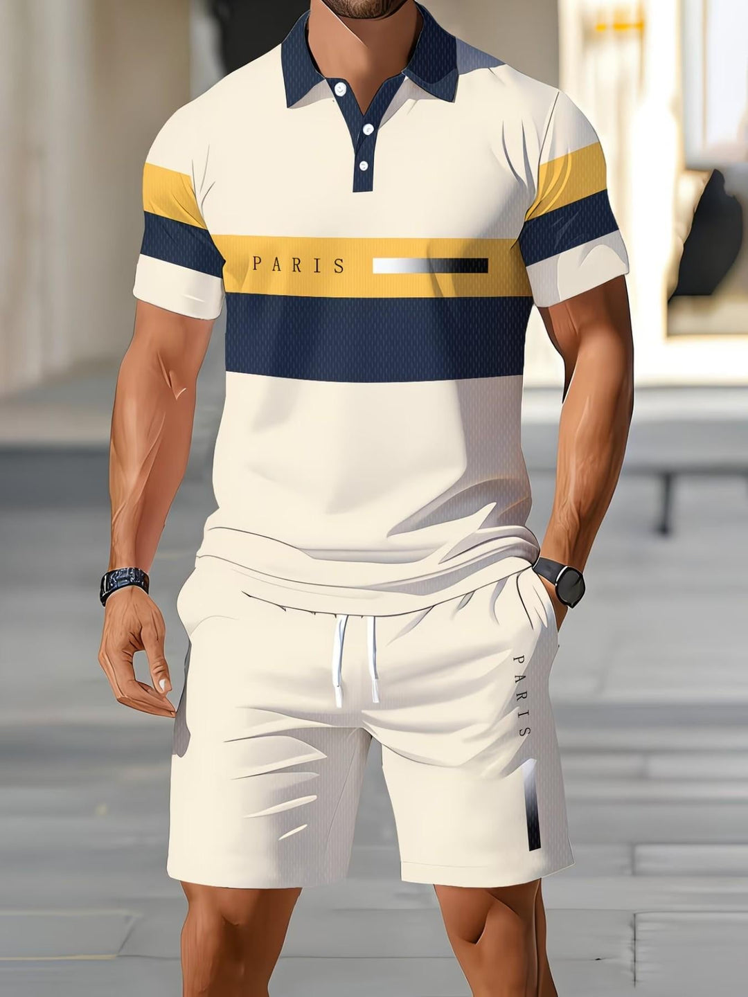 🔥Men's Short Sleeve Casual Set, Summer Beach Fashion Sport Wear, Plaid Pattern, Slim-Fitting, Above the Knee