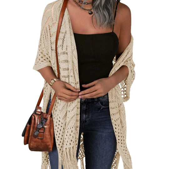 Women’s Oversized Knit Cardigan – Lightweight Crochet Tassel Kimono for Spring & Summer 🌸