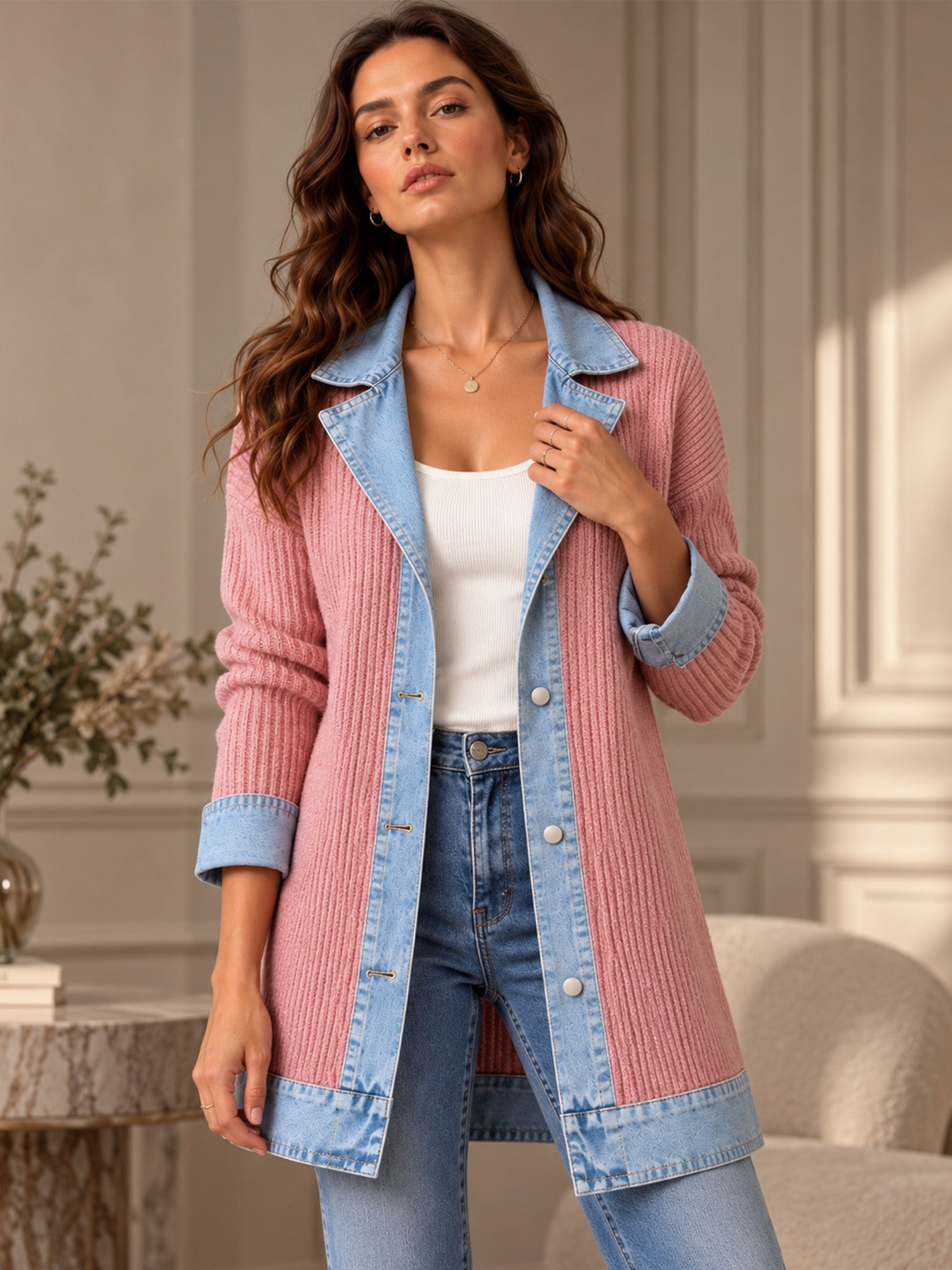⌛Limited-Time Offer-Women’s Elegant Denim Spliced Ribbed Knit Coat