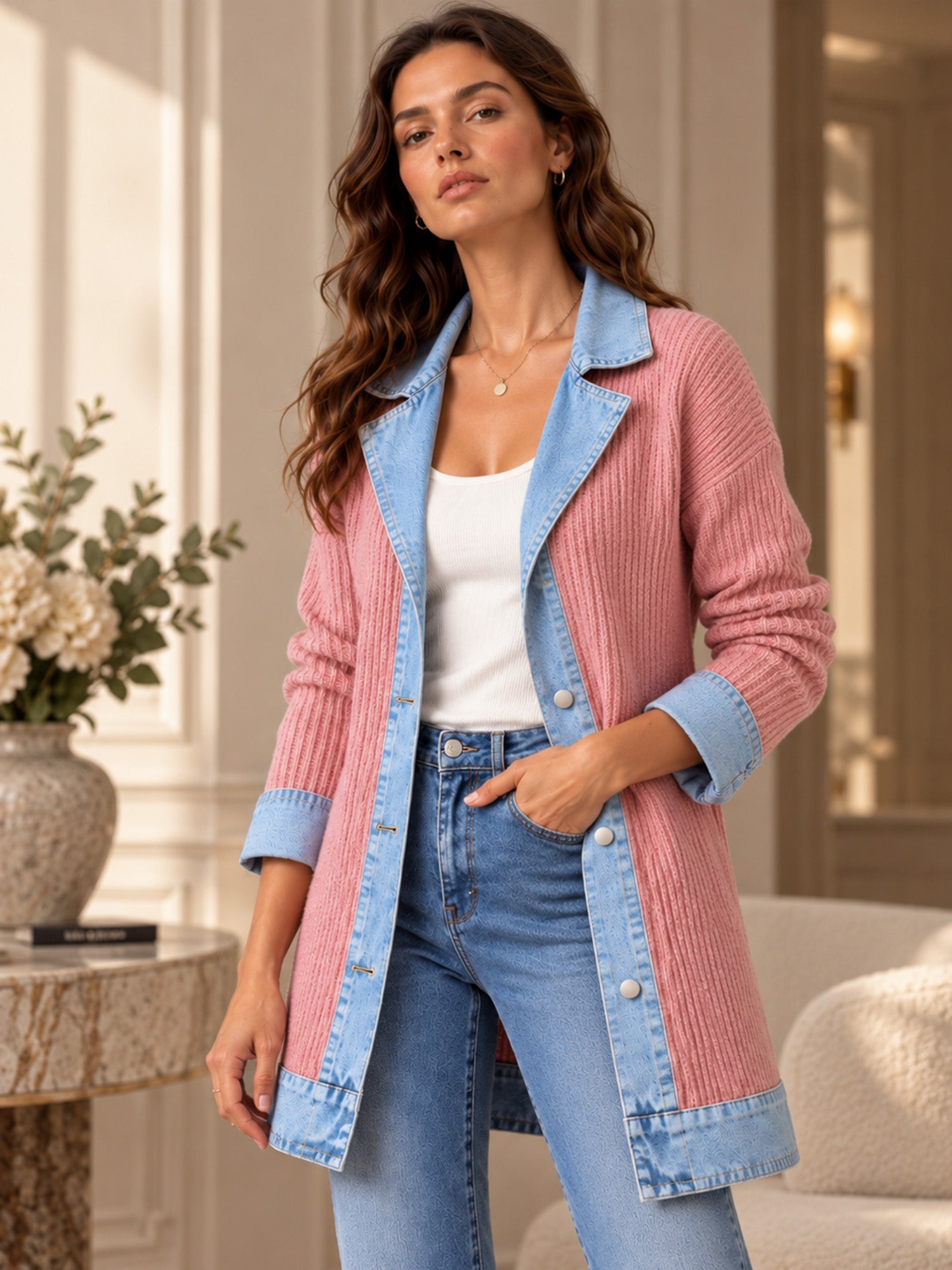 ⌛Limited-Time Offer-Women’s Elegant Denim Spliced Ribbed Knit Coat