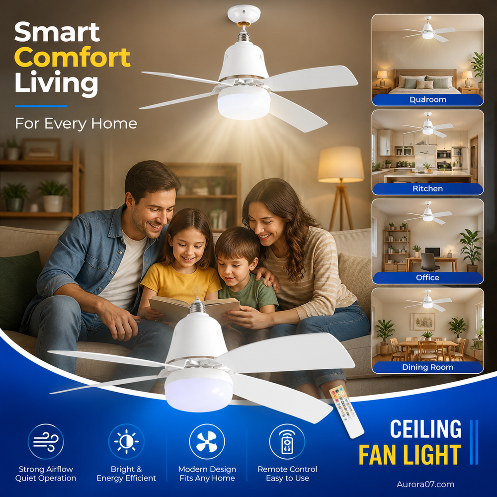🔥SmartBreez™ 40W LED Ceiling Fan Light – 20.5” Ultra-Quiet with Remote 🎯 | E27 + FREE B22 Adapter 🔌 | For Bedroom 😴, Kitchen 👩‍🍳 & Garage 🛠️