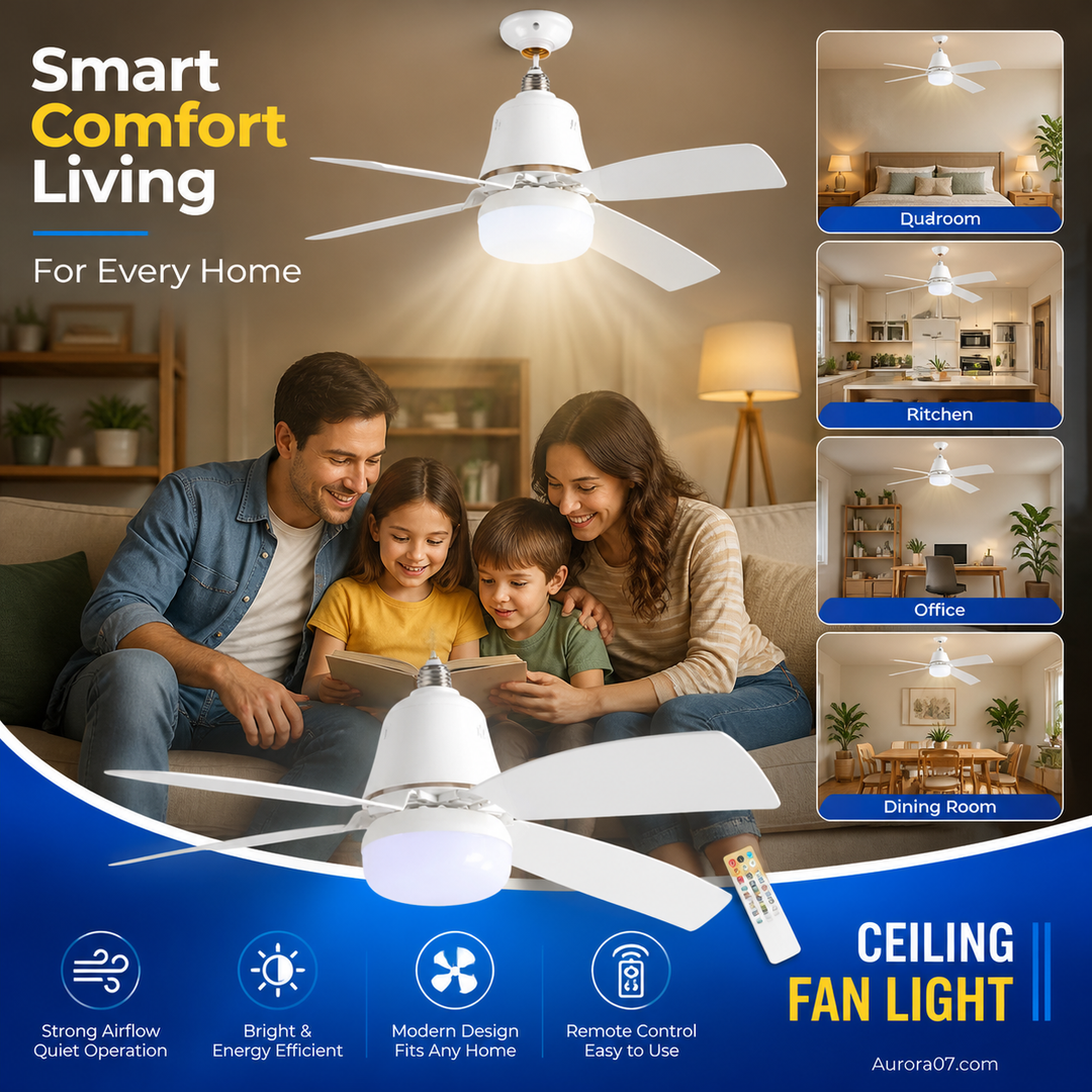 🔥SmartBreez™ 40W LED Ceiling Fan Light – 20.5” Ultra-Quiet with Remote 🎯 | E27 + FREE B22 Adapter 🔌 | For Bedroom 😴, Kitchen 👩‍🍳 & Garage 🛠️