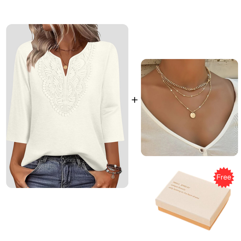 ☀️👚Top Pick - Lace-Trim V-Neck Blouse – Breathable Fabric & Flattering Drape for Work or Weekend 🌿