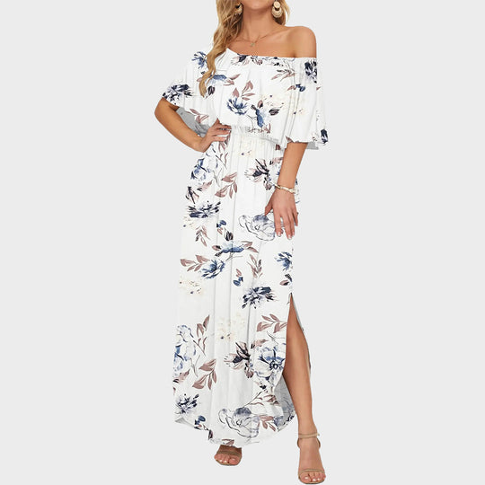 Women's Off-Shoulder Ruffled Side-Slit Maxi Dress with Pockets