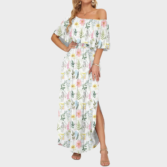 Women's Off-Shoulder Ruffled Side-Slit Maxi Dress with Pockets