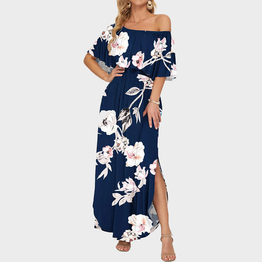 Women's Off-Shoulder Ruffled Side-Slit Maxi Dress with Pockets