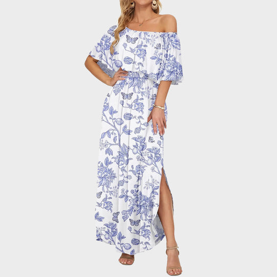 Women's Off-Shoulder Ruffled Side-Slit Maxi Dress with Pockets