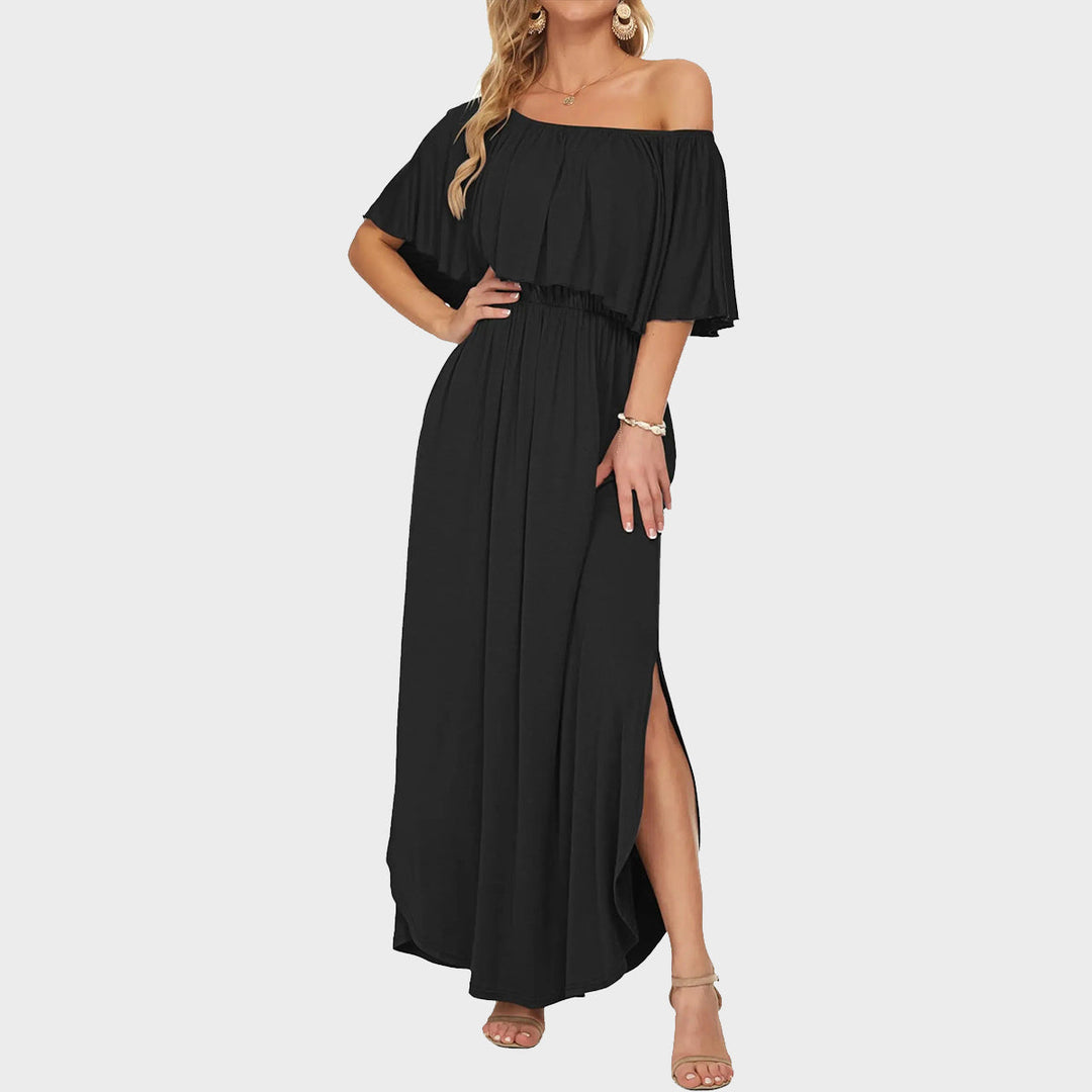 Women's Off-Shoulder Ruffled Side-Slit Maxi Dress with Pockets