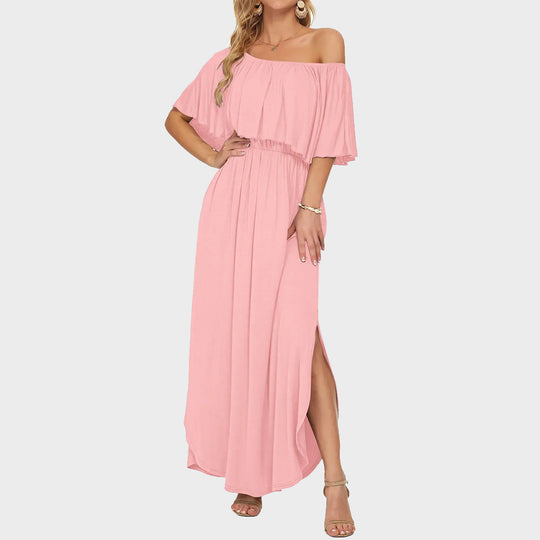 Women's Off-Shoulder Ruffled Side-Slit Maxi Dress with Pockets
