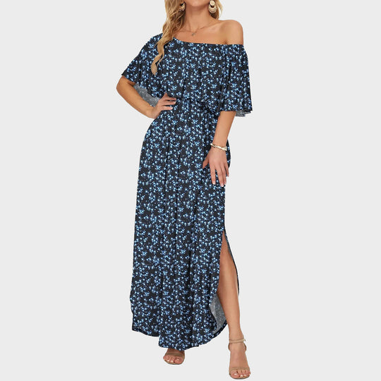 Women's Off-Shoulder Ruffled Side-Slit Maxi Dress with Pockets