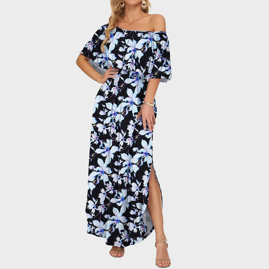 Women's Off-Shoulder Ruffled Side-Slit Maxi Dress with Pockets