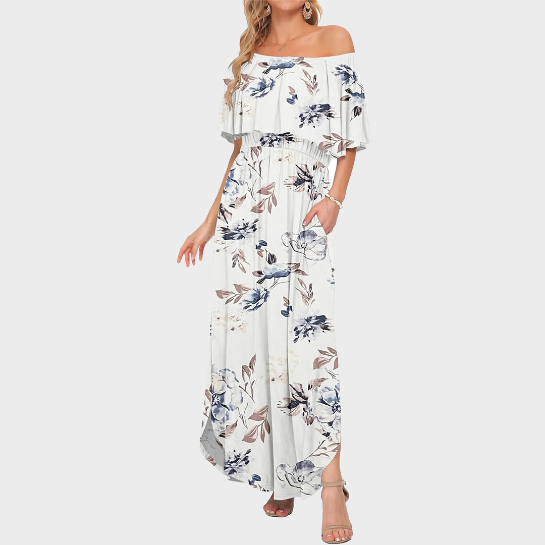 Women's Off-Shoulder Ruffled Side-Slit Maxi Dress with Pockets
