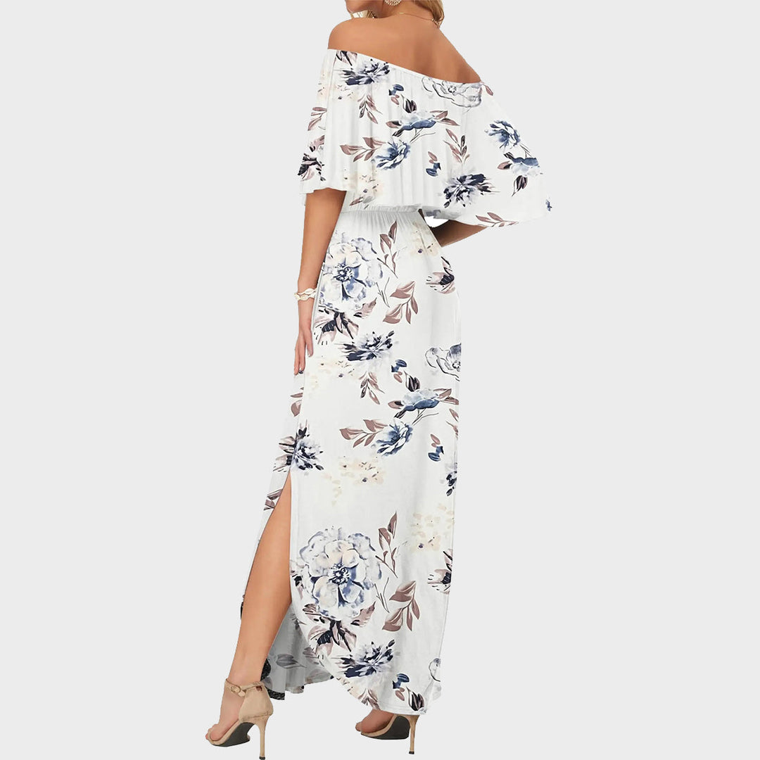 Women's Off-Shoulder Ruffled Side-Slit Maxi Dress with Pockets