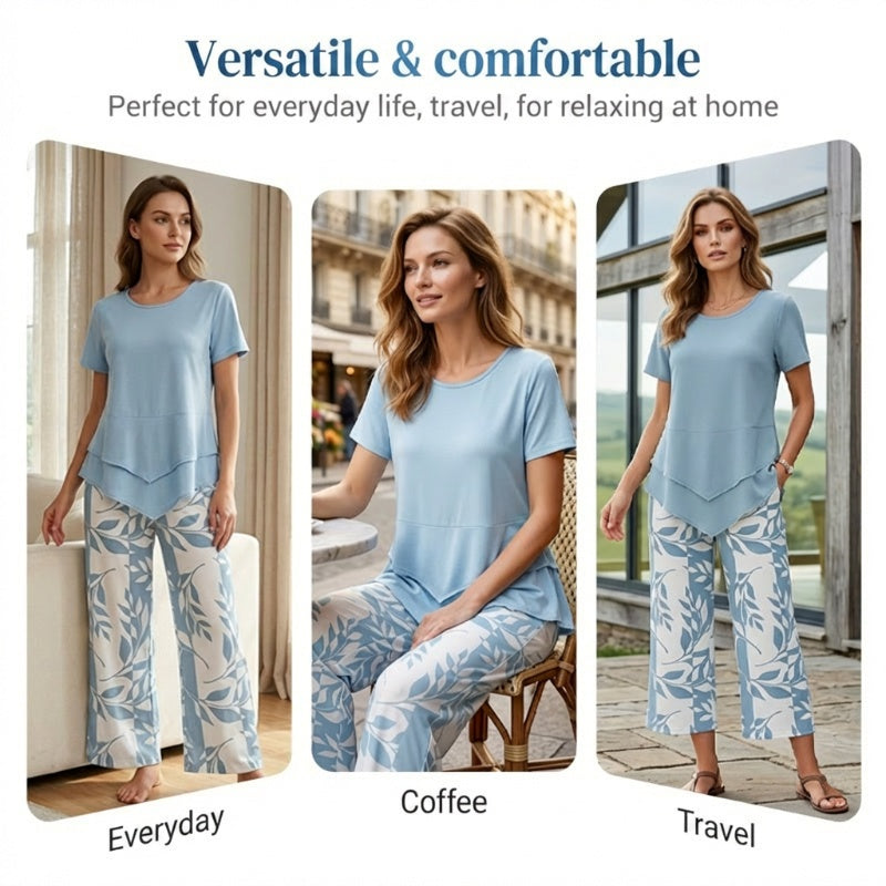 🎁2026 New Arrivals 50% OFF💥Women's 2-Piece Set – Layered Asymmetrical Tunic Top & Printed Wide Leg Pants, Breathable Polyester✨