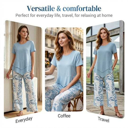 🎁2026 New Arrivals 50% OFF💥Women's 2-Piece Set – Layered Asymmetrical Tunic Top & Printed Wide Leg Pants, Breathable Polyester✨
