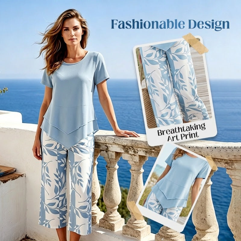🎁2026 New Arrivals 50% OFF💥Women's 2-Piece Set – Layered Asymmetrical Tunic Top & Printed Wide Leg Pants, Breathable Polyester✨