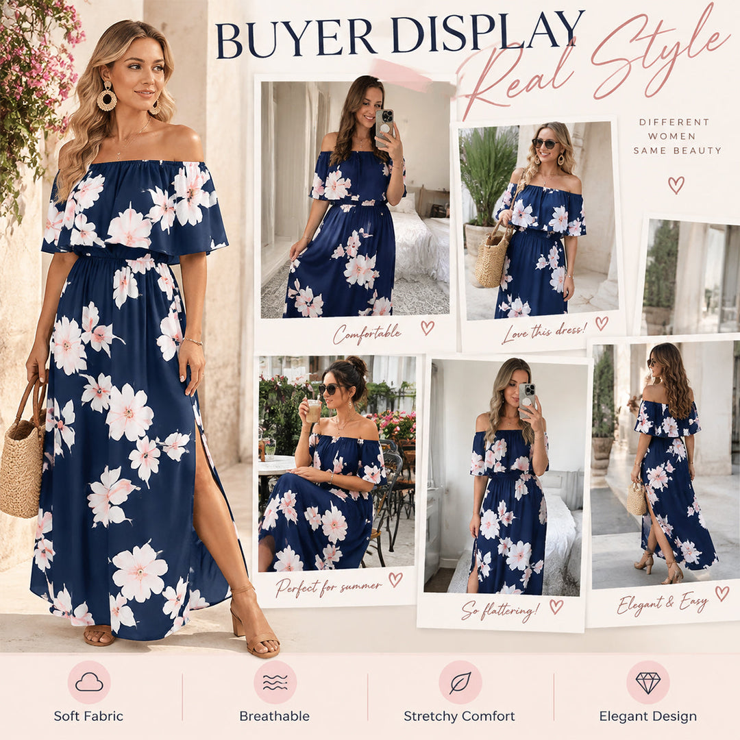 Women's Off-Shoulder Ruffled Side-Slit Maxi Dress with Pockets
