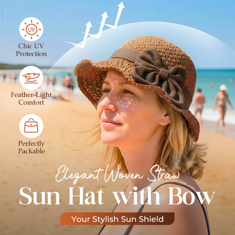 👒Elegant Woven Straw Sun Hat with Bow 🌞