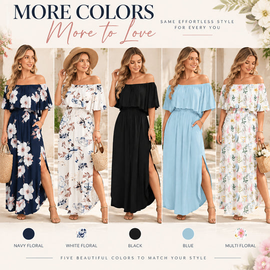 Women's Off-Shoulder Ruffled Side-Slit Maxi Dress with Pockets