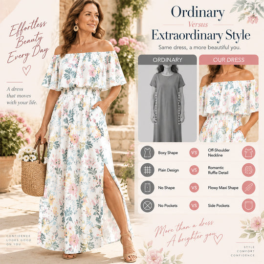Women's Off-Shoulder Ruffled Side-Slit Maxi Dress with Pockets