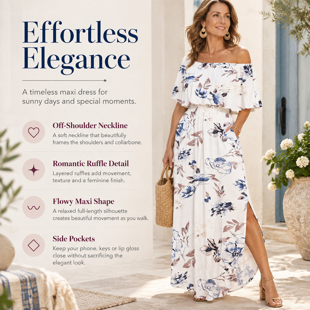 Women's Off-Shoulder Ruffled Side-Slit Maxi Dress with Pockets