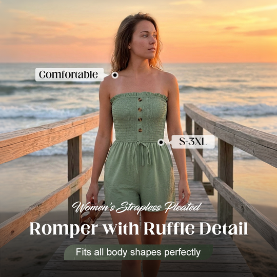 👗 LIMITED-TIME 50% OFF! 💐Women's Strapless Frill Trim Shirred Tie Front Wide Leg Tube Romper