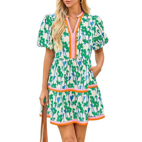 ⏰Summer Hot Sale 50% OFF💃Women's V Neck Floral Short Puff Sleeve Patchwork Casual Boho Mini Dress👍✨Soft Fabric & Comfortable Fit