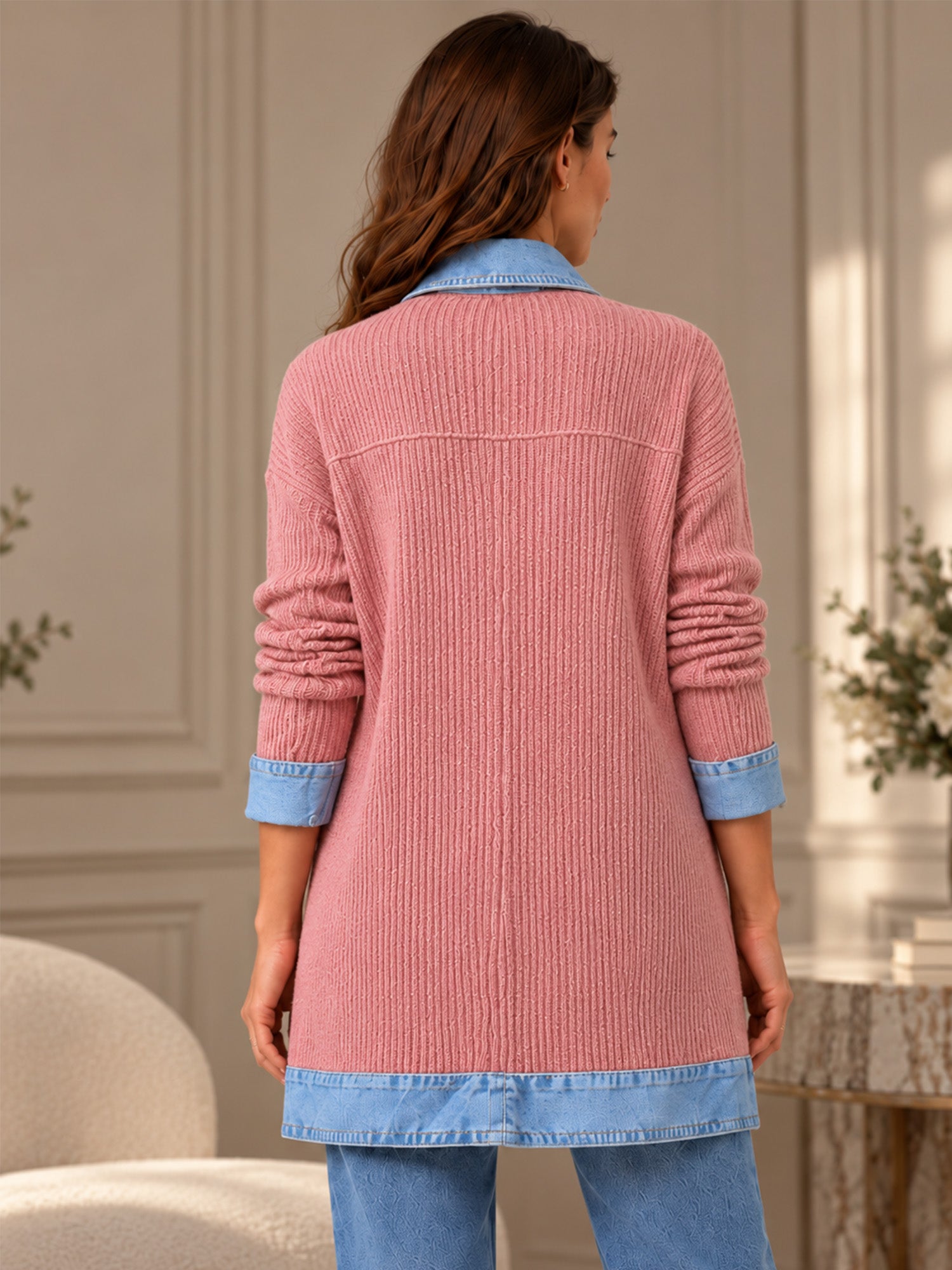 ⌛Limited-Time Offer-Women’s Elegant Denim Spliced Ribbed Knit Coat