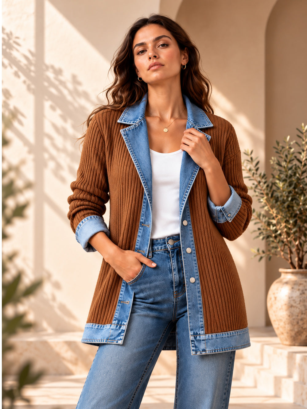⌛Limited-Time Offer-Women’s Elegant Denim Spliced Ribbed Knit Coat
