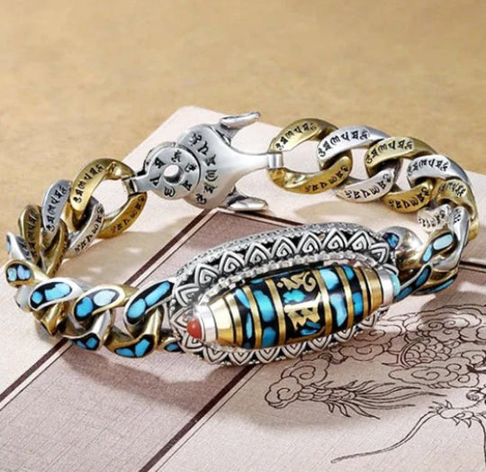 🔥Varmt salg🔥Turkis armbånd med seks tegn i mantraet og ni øyne i Dzi-perler