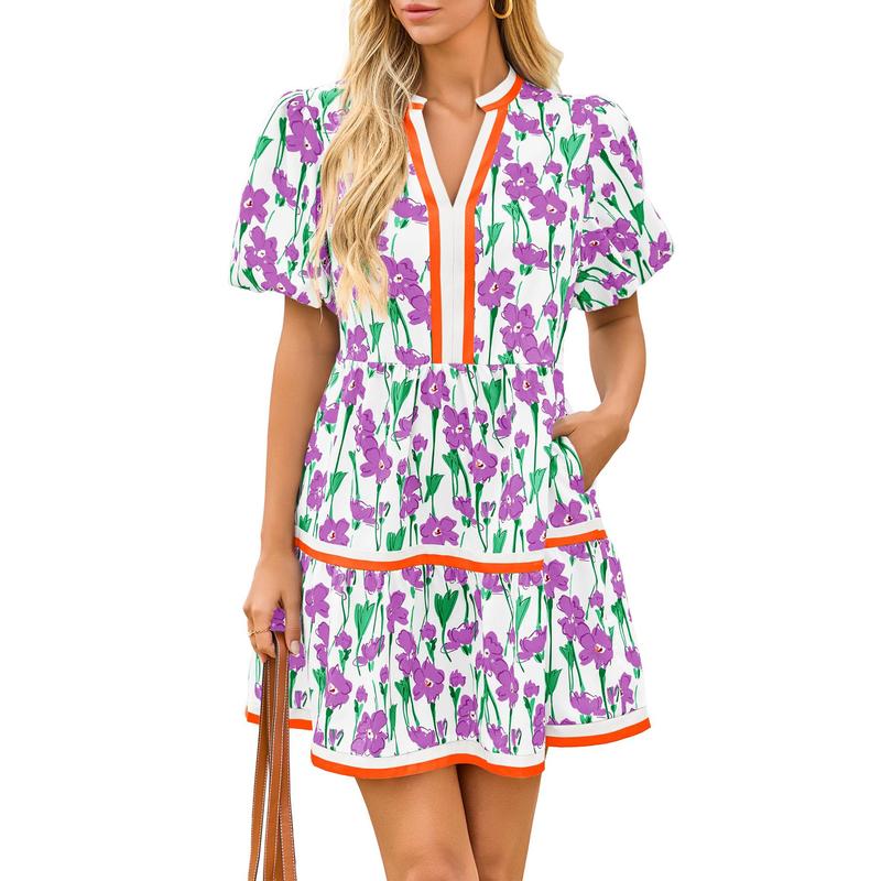⏰Summer Hot Sale 50% OFF💃Women's V Neck Floral Short Puff Sleeve Patchwork Casual Boho Mini Dress👍✨Soft Fabric & Comfortable Fit
