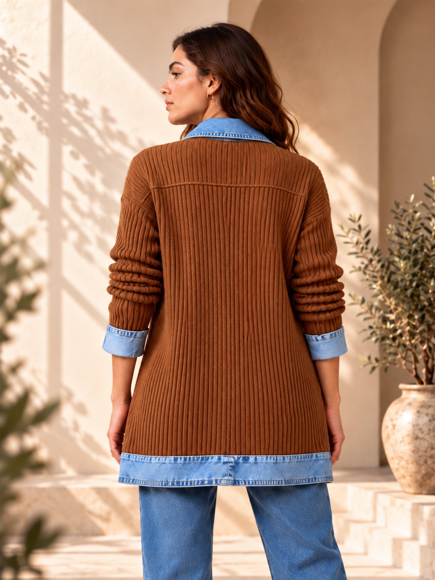 ⌛Limited-Time Offer-Women’s Elegant Denim Spliced Ribbed Knit Coat