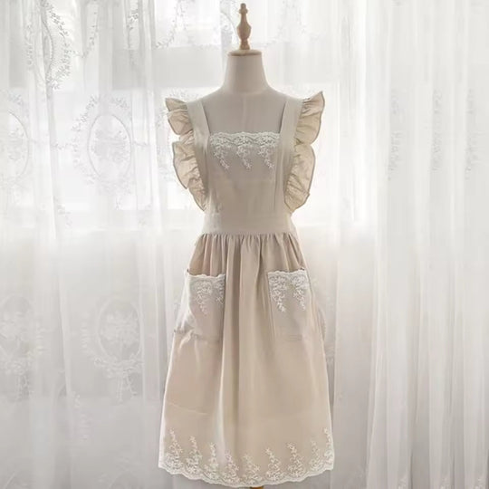 Washed Cotton Linen Lace Aprons Cooking Kitchen Aprons Flower Shop Garden Ruffles Work Clean Apron for Woman Overalls Dress