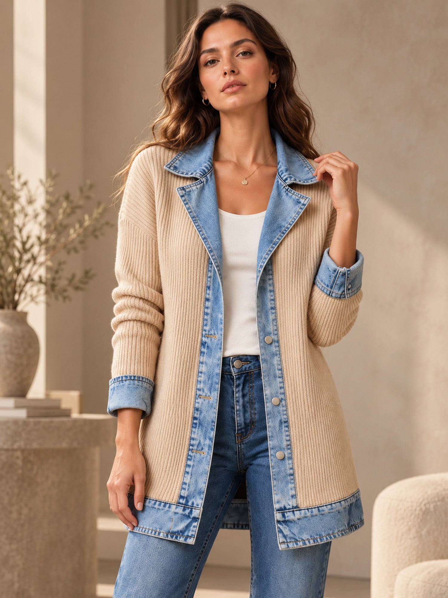 ⌛Limited-Time Offer-Women’s Elegant Denim Spliced Ribbed Knit Coat